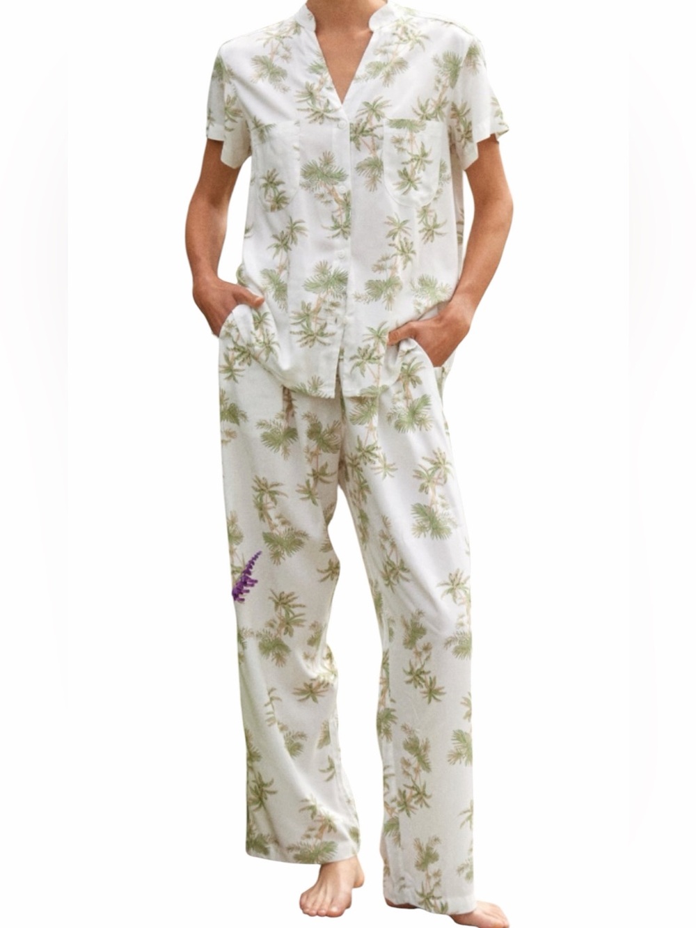 Piyama "Maggie" Long Pant Pajama Set in Vintage Olive Palm Print S